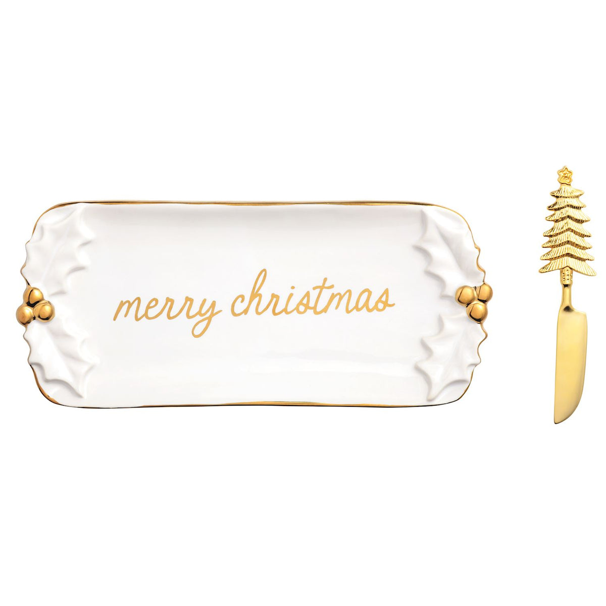 Gold Holly Butter Dish and Spreader Set, A white stoneware butter dish with sculpted holly leaves at each end, gold berries, a gold rim and merry christmas in gold script, shown with a gold spreader with a Christmas tree handle.