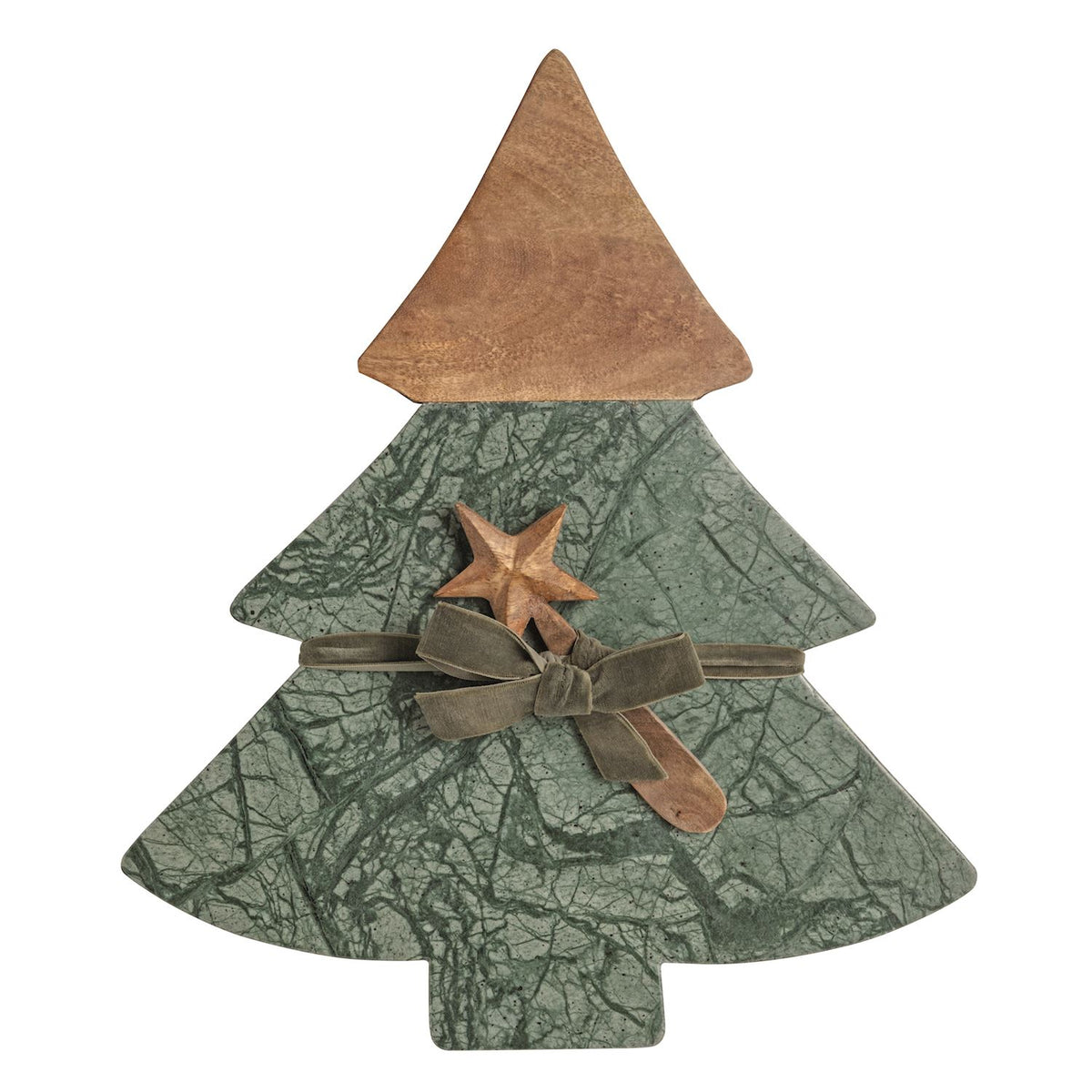 Marble and Mango Wood Tree Board and Spreader Set, A Christmas tree shaped serving board with green veined marble lower tiers and a mango wood top, with a star topped wooden spreader tied on with a sage green velvet ribbon.