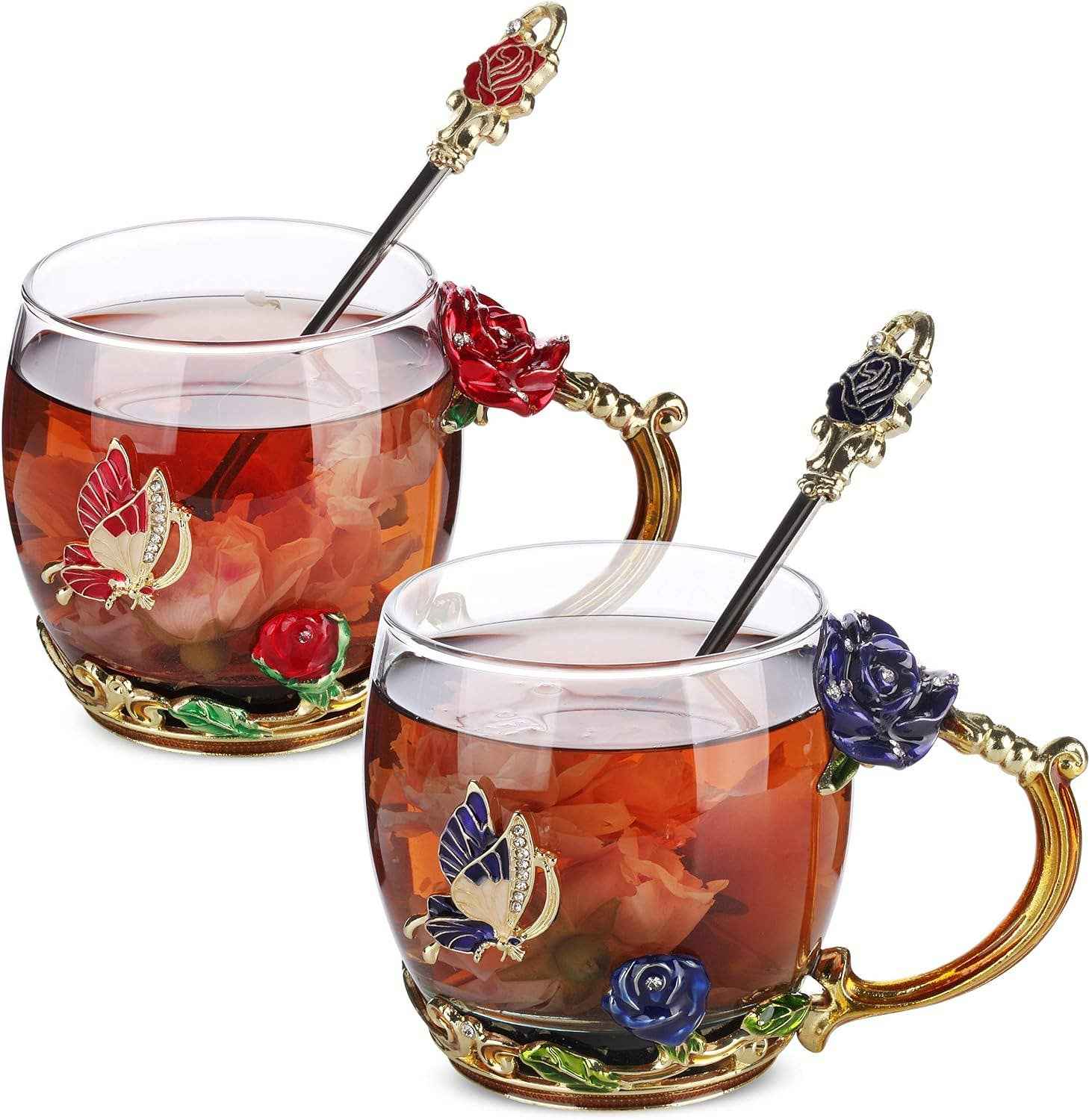 Floral Glass Tea Cups – Set of 2