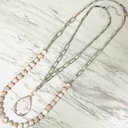 Anita K By Blushing Pink - Layered Rhodonite Necklace with Silver Paper Clip Chain