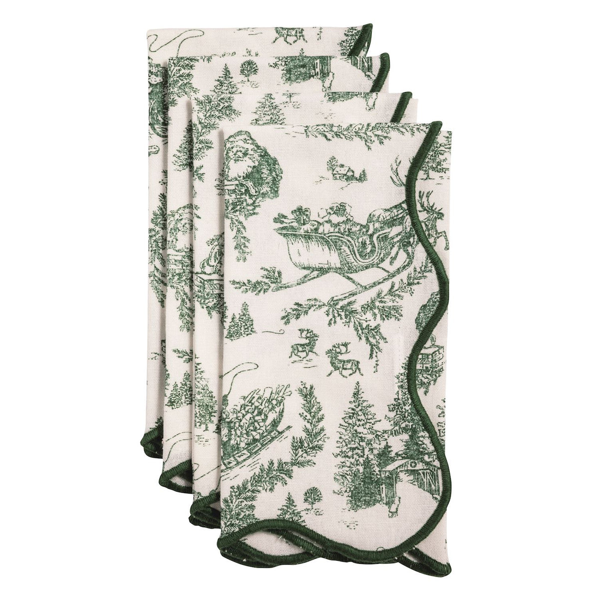 Green Toile Christmas Napkin Set of Four, Four cream cotton napkins printed in green Christmas toile with sleighs, reindeer and pine trees, edged with dark green scalloped stitching.