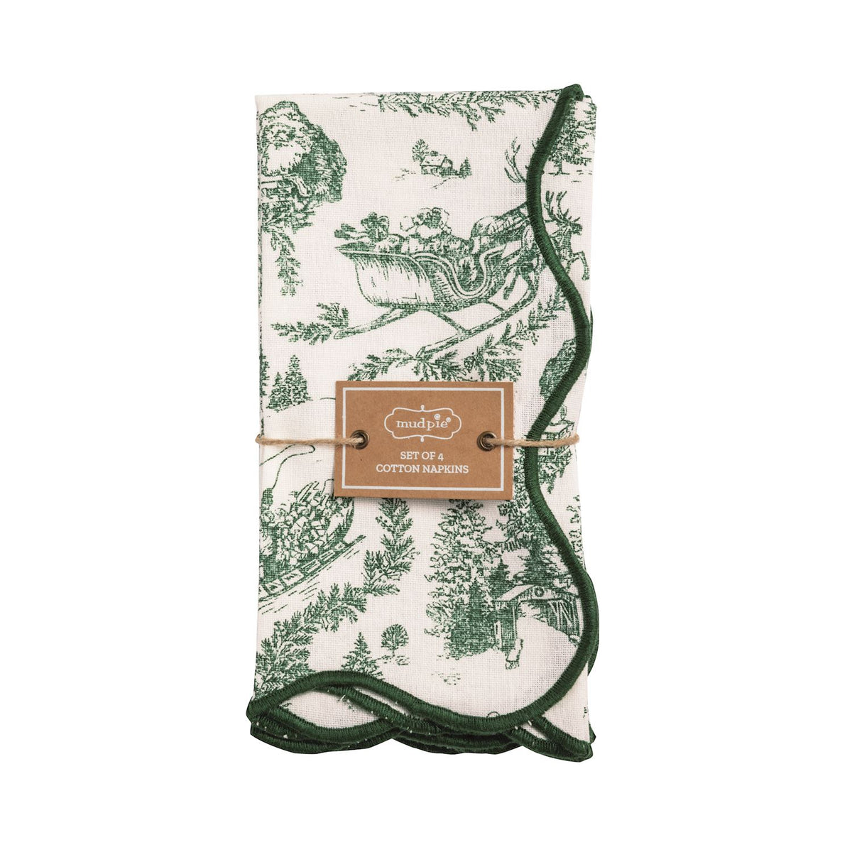 Green Toile Christmas Napkin Set of Four, Four cream cotton napkins printed in green Christmas toile with sleighs, reindeer and pine trees, edged with dark green scalloped stitching.