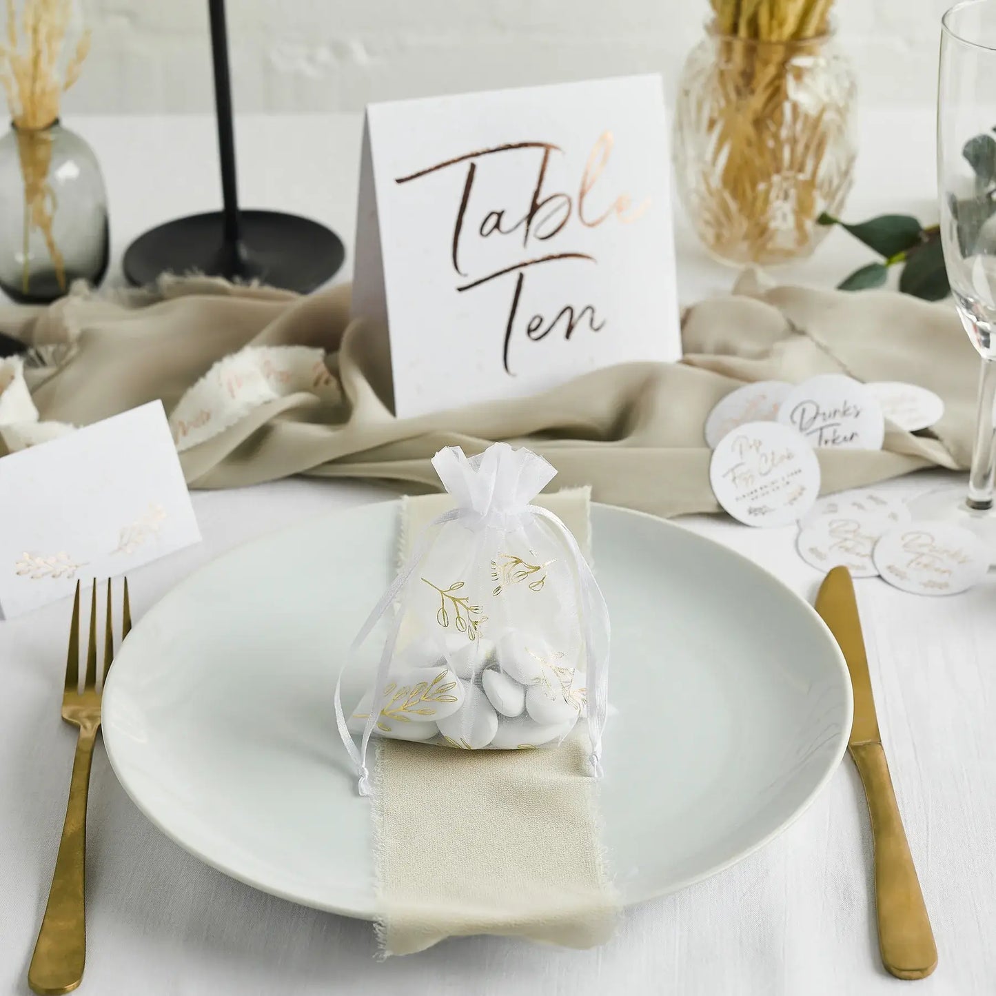 Gold Vine Organza Bags 10 Pack