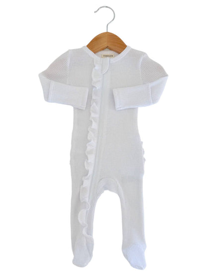 Organic Waffle 2-Way Zip Ruffle Footie, Lucent White: 3 - 6 mo.