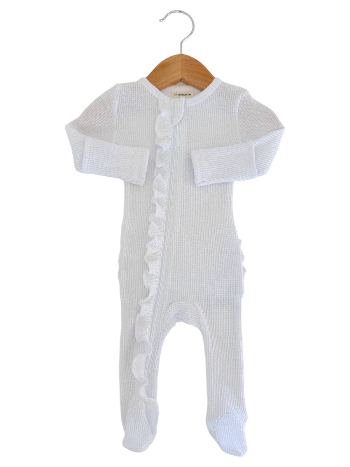 Organic Waffle 2-Way Zip Ruffle Footie, Lucent White: 0 - 3 mo.