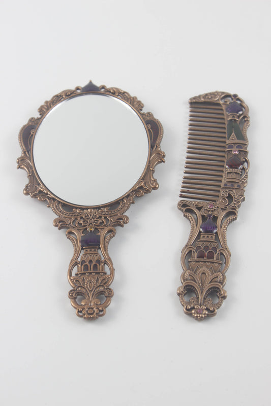 Vintage Small Size Castle Metal Mirror Set: Copper