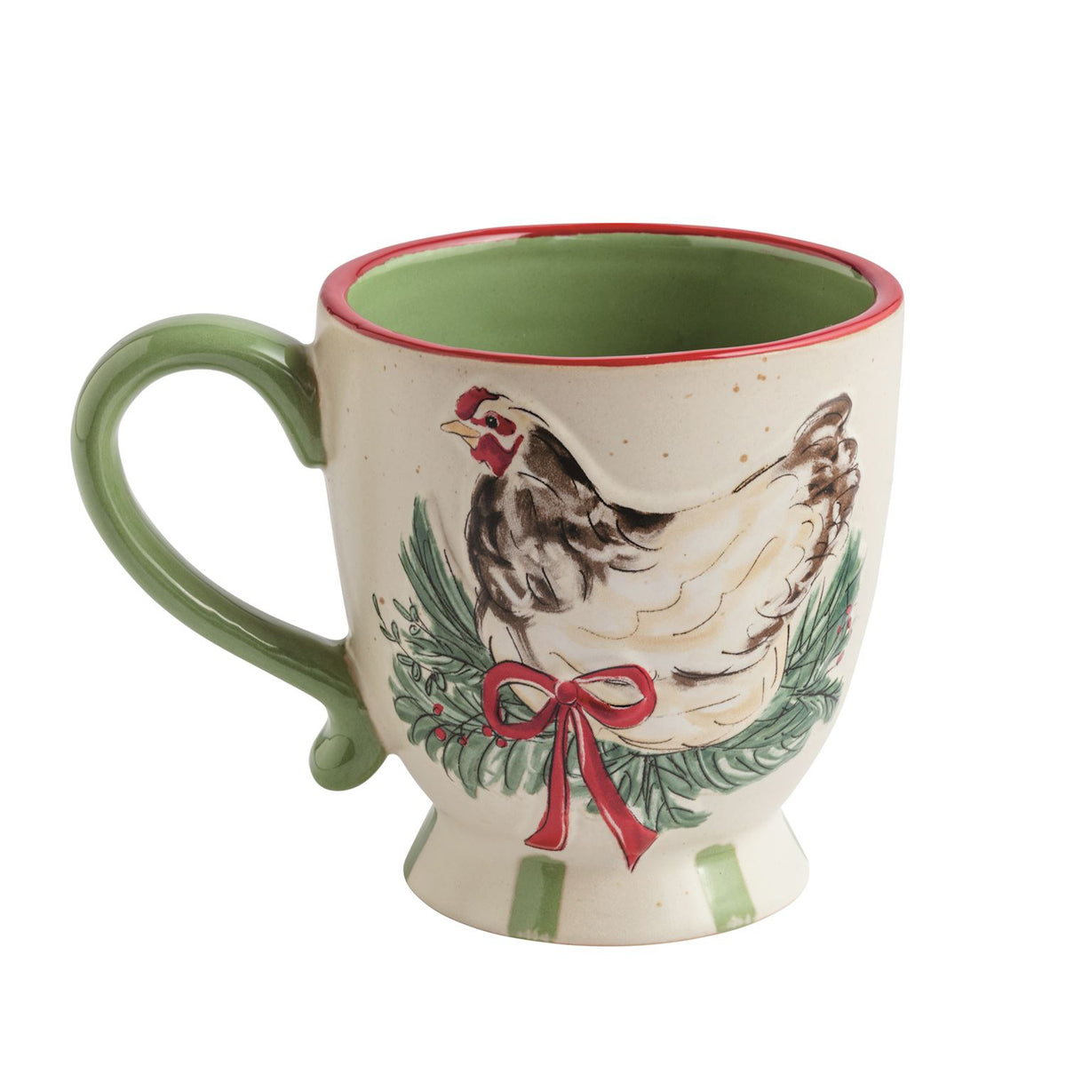 Farmhouse Christmas Chicken Speckled Stoneware Mug, A cream speckled stoneware pedestal mug hand-painted with a hen standing over an evergreen bough and a red bow, with a green interior and green handle.