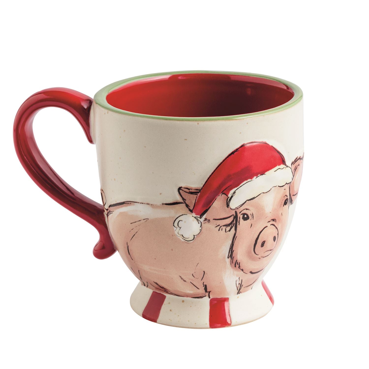 Santa Hat Pig Farmhouse Christmas Mug, Cream speckled stoneware mug with a raised painted pig in a red Santa hat, a red handle and interior, a green rim line and a red striped pedestal foot.