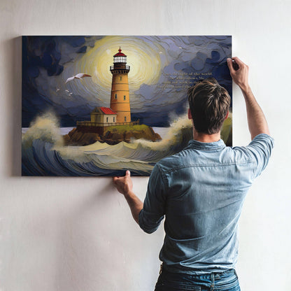 Olive Branch Farmhouse - Christian Lighthouse Canvas Art with John 8:12 Verse