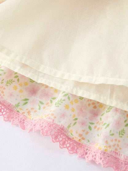 Spring Floral Girls Ruffle Dress With Bow Straw Hat Set: 4