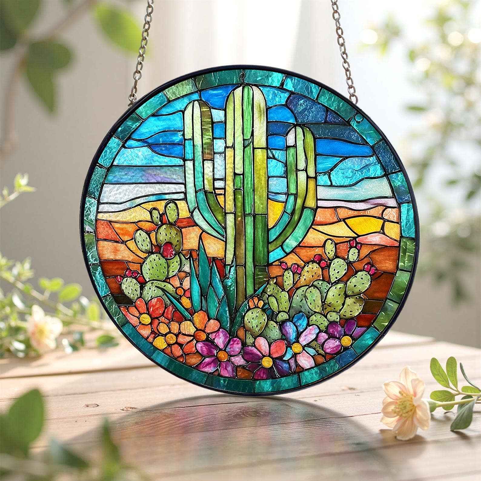 Cactus Stained Glass Suncatcher, Ideal Gift for Valentine