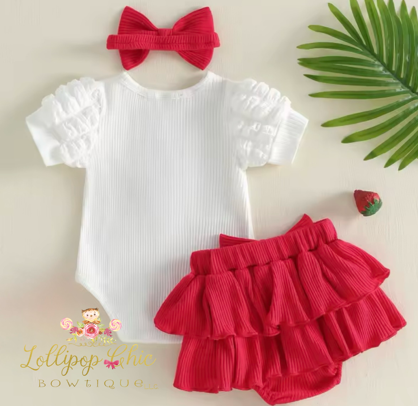 Baby Girl Strawberry Puff Sleeve Bloomer Set: 6-12M