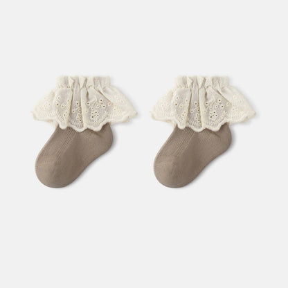 Autumn and Spring Baby Kids Girls Breathable Lace Trim Vintage Socks: Beige / S (0-1Y)