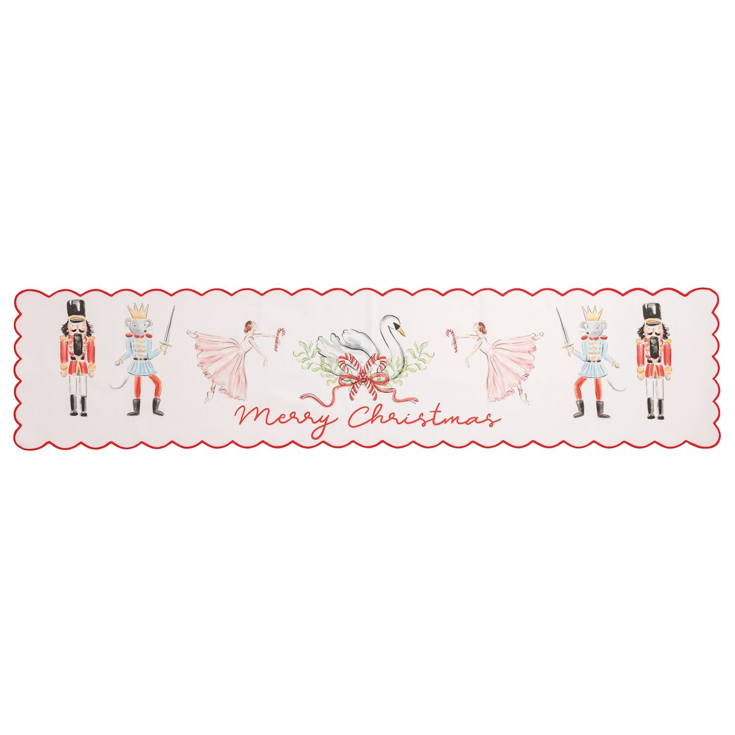 Nutcracker Merry Christmas Table Runner, Long white table runner with a red scalloped edge, painted with nutcracker soldiers, crowned mice holding swords, pink ballerinas and a swan in a wreath, and Merry Christmas in red script.
