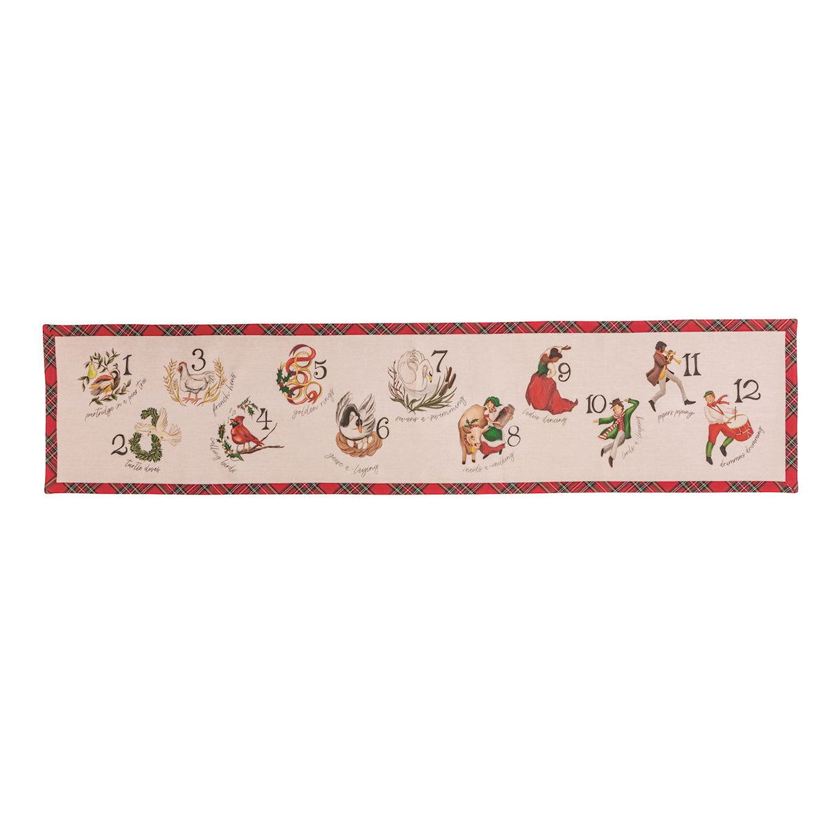 12 Days of Christmas Chambray Table Runner, A long cream chambray table runner printed with twelve numbered watercolor scenes from the 12 Days of Christmas and edged in red tartan plaid.