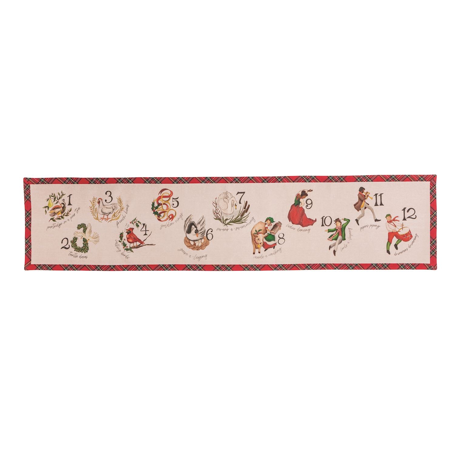 12 Days of Christmas Chambray Table Runner, A long cream chambray table runner printed with twelve numbered watercolor scenes from the 12 Days of Christmas and edged in red tartan plaid.