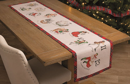 12 Days of Christmas Chambray Table Runner, A long cream chambray table runner printed with twelve numbered watercolor scenes from the 12 Days of Christmas and edged in red tartan plaid.