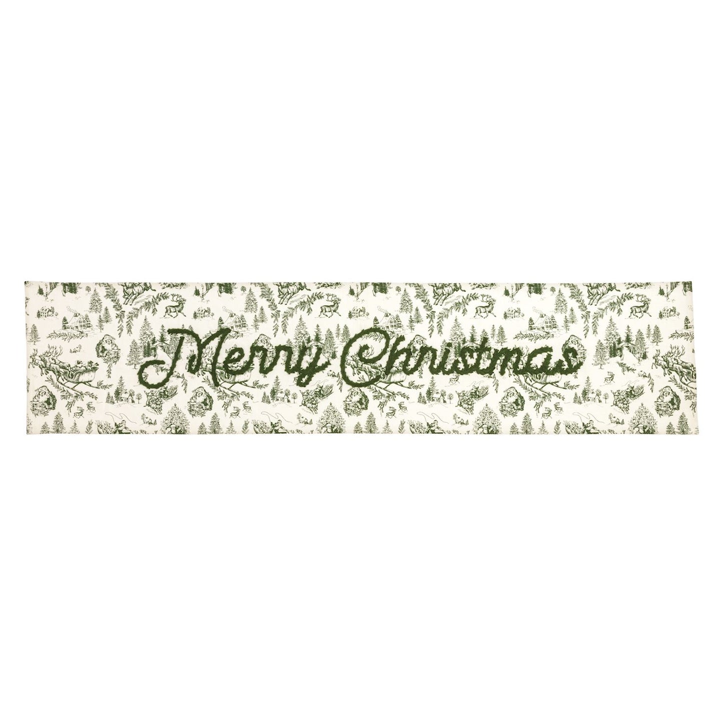 Green Toile Merry Christmas Table Runner, A long cream cotton table runner printed in green Christmas toile with Merry Christmas embroidered in green script across the center.