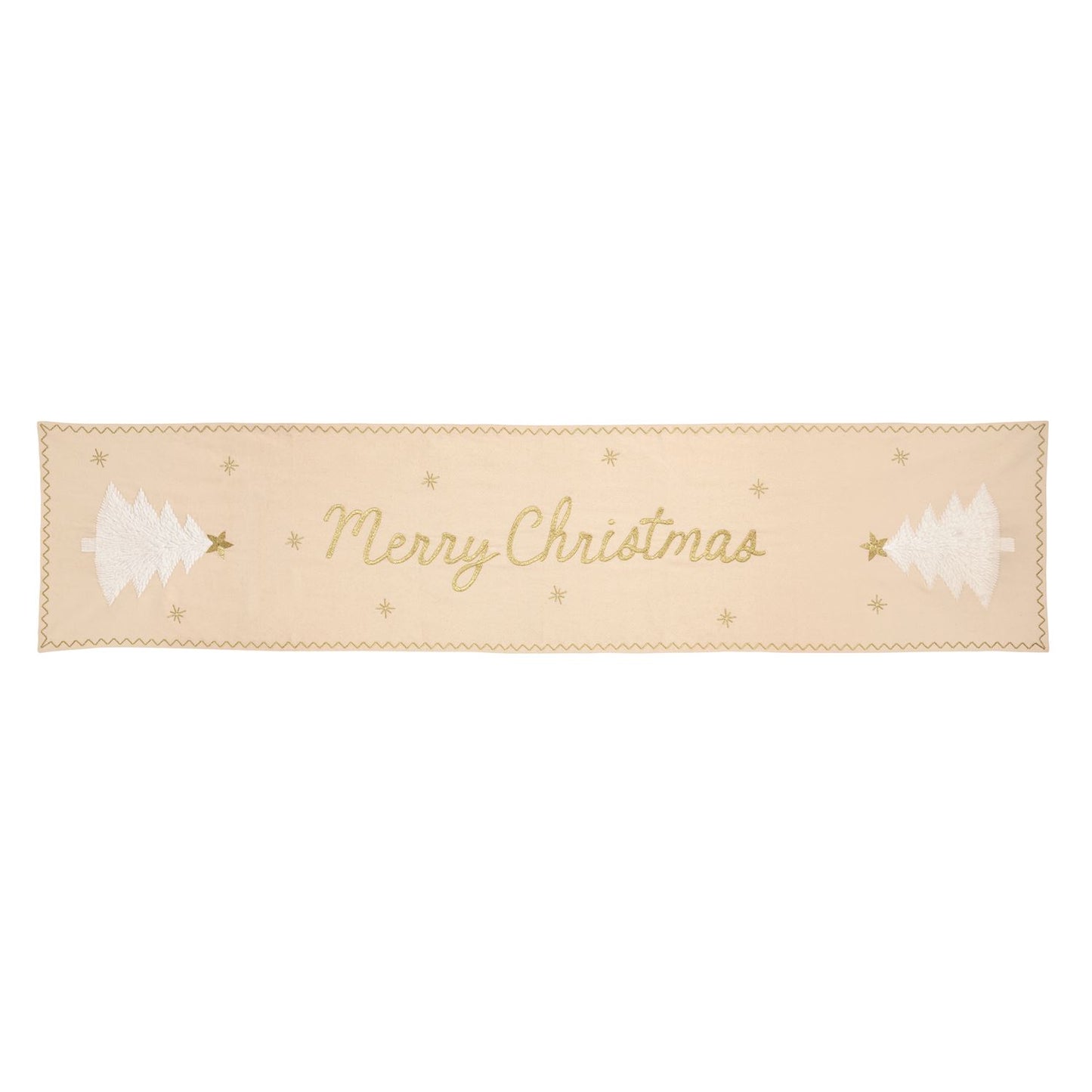 Merry Christmas Snowflake Tree Table Runner, Long pale cream table runner embroidered with Merry Christmas in gold script, a white tree with a gold star at each end, small gold stars scattered between, and a gold zigzag border.