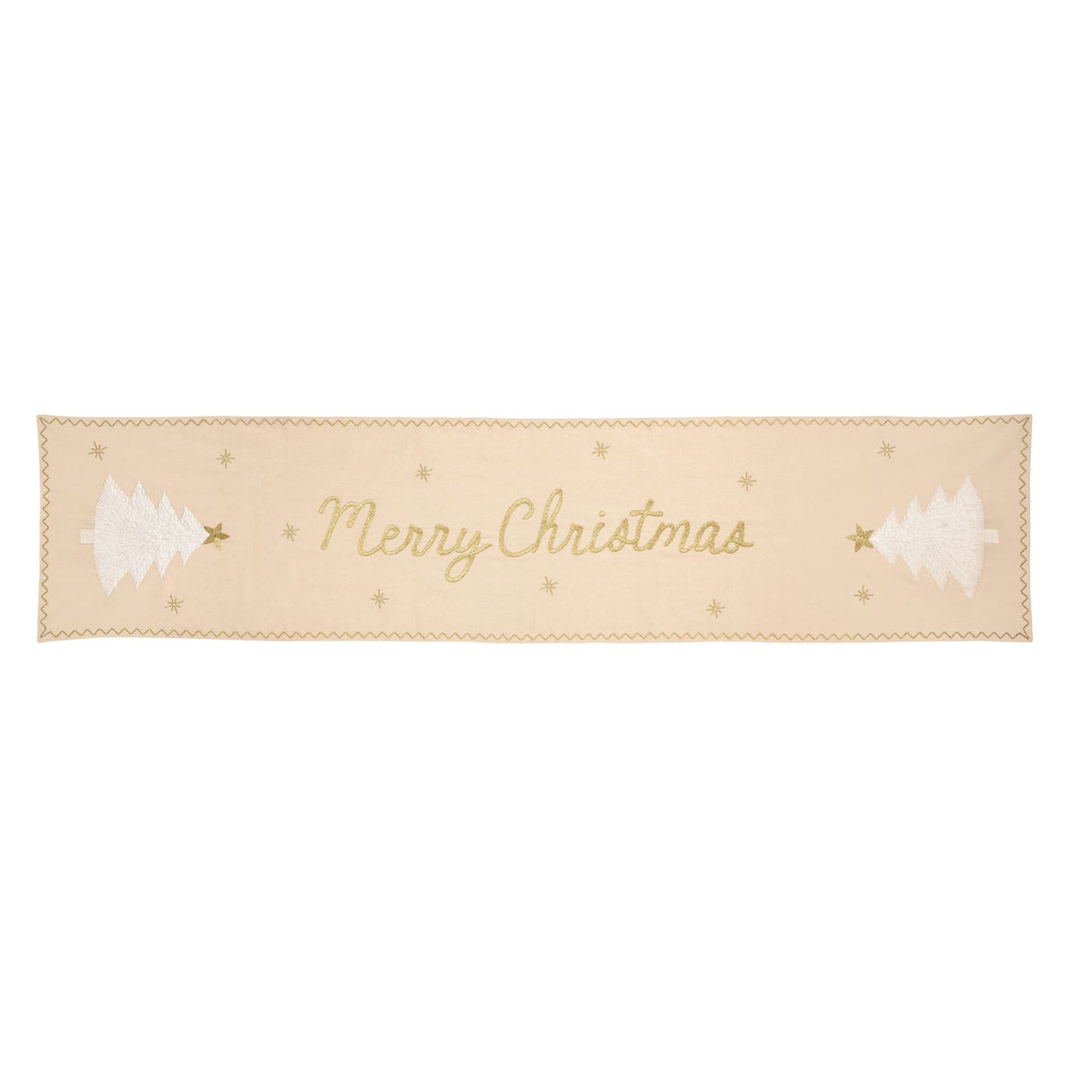 Merry Christmas Snowflake Tree Table Runner, Long pale cream table runner embroidered with Merry Christmas in gold script, a white tree with a gold star at each end, small gold stars scattered between, and a gold zigzag border.