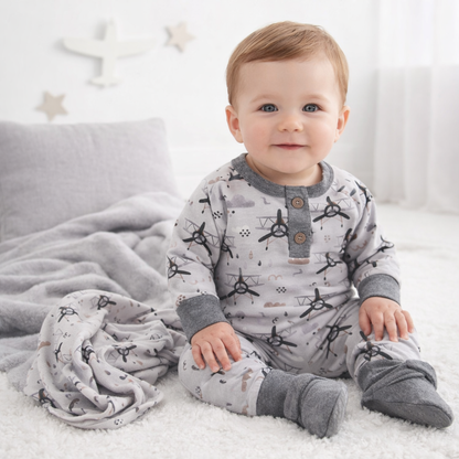 Airplane Henley Romper – Soft Bamboo Baby Outfit: 9-12M