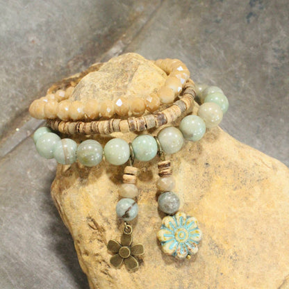 Stone, Glass, & Coconut Flower Dangle Bracelet Set
