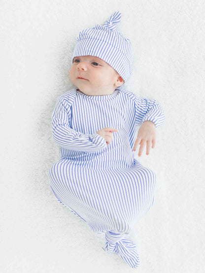 SoftSnooze™ Baby Boys Bamboo Viscose Periwinkle & White Micro Stripe Knotted Sleep Gown & Hat Set: Blue / Newborn-3m