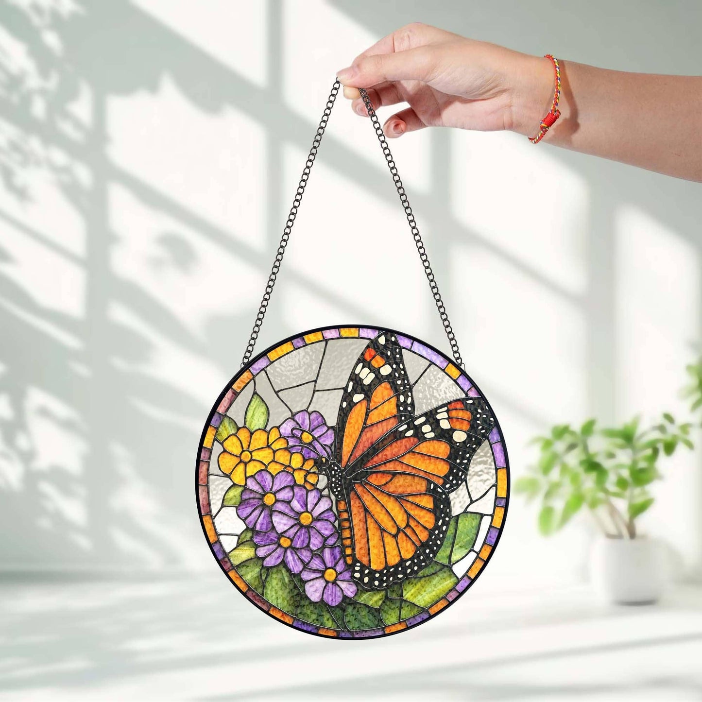 Monarch Butterfly Stained Glass Suncatcher, Flowers Ornament