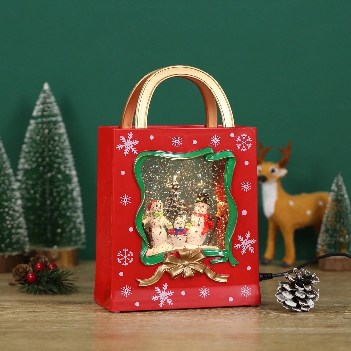 Christmas Musical Red Gift Bag Snow Globe Lantern with Snowman Family Scene for Christmas Decoration