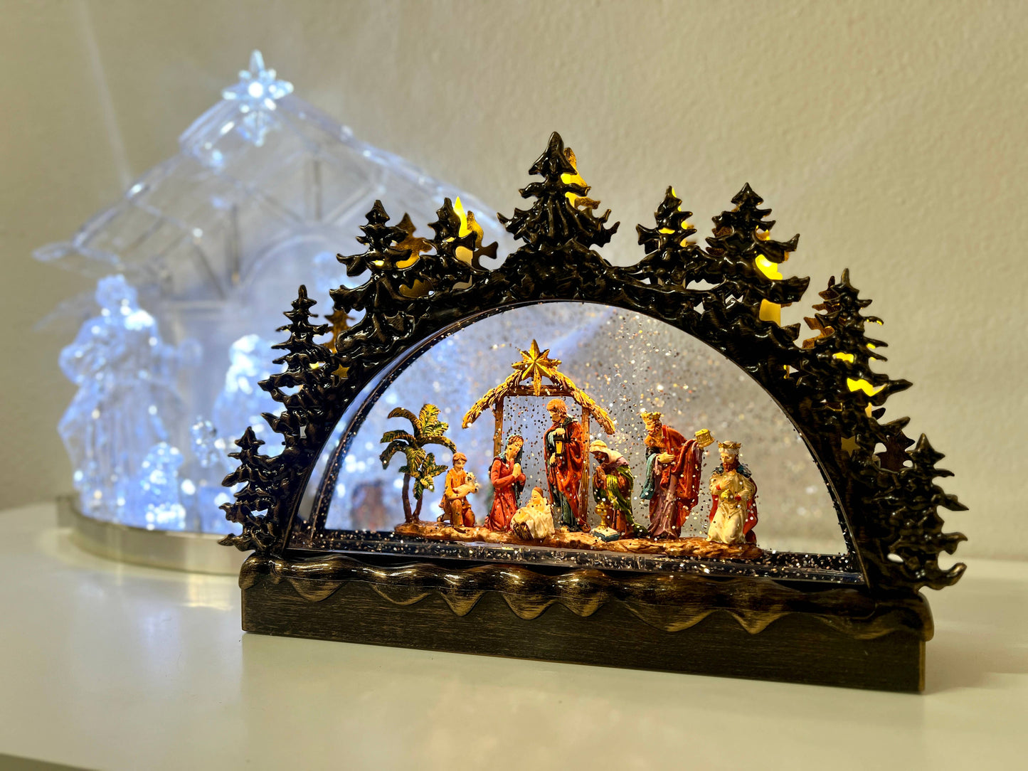 12.75” B/O Lighted Nativity Candle Bridge Glitter Globe