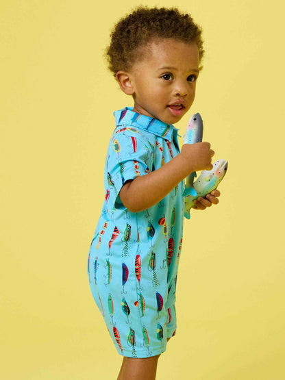Baby Boys Gone Fishin Performance Polo Romper: Blue / 0-3m
