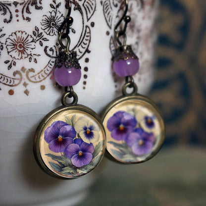 Purple Pansies Spring Floral Bronze and Glass Earrings