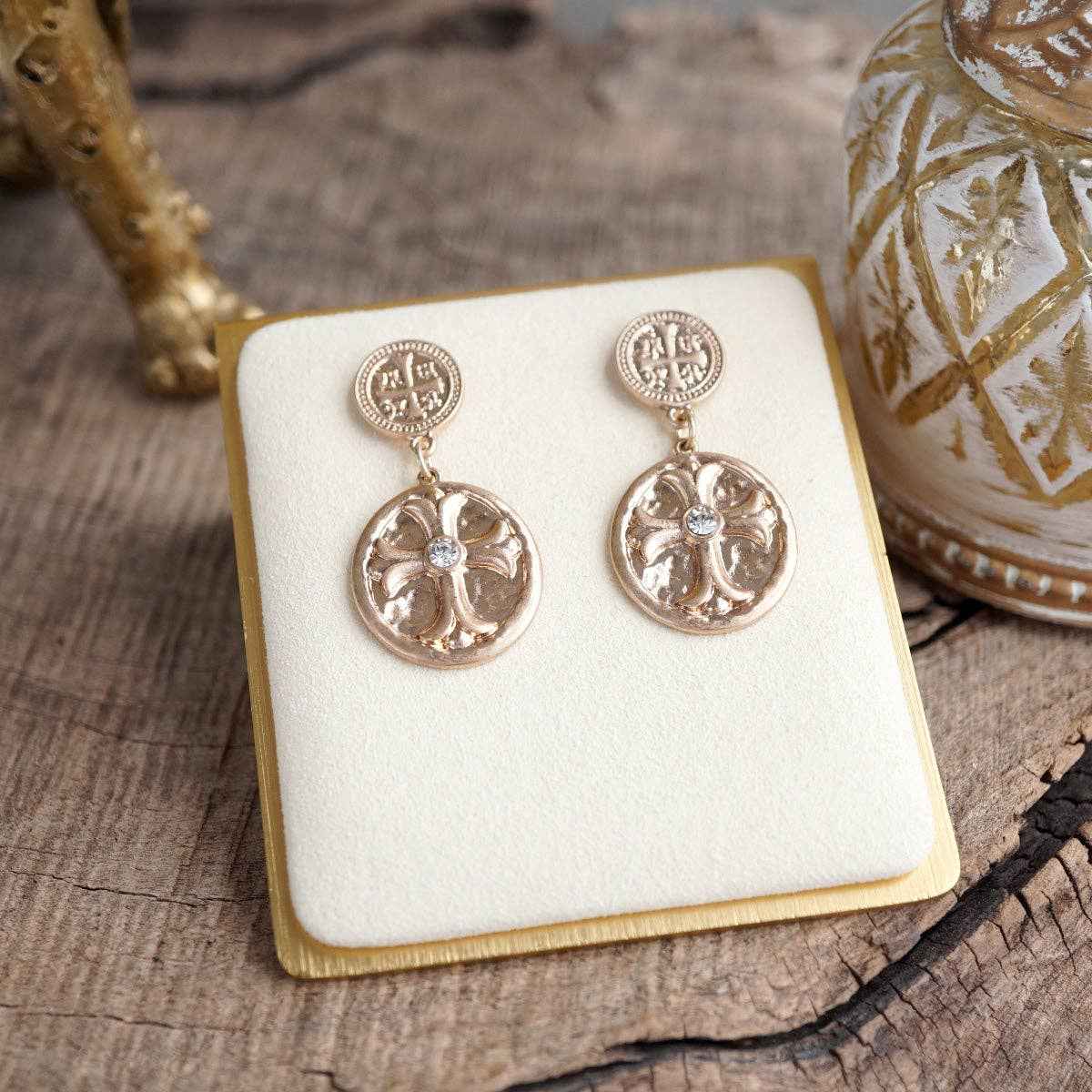 Faith & Relic – Cross Coin Dangle Earrings in Worn Gold or Silver: Gold