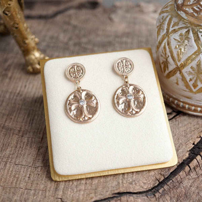 Faith & Relic – Cross Coin Dangle Earrings in Worn Gold or Silver: Gold
