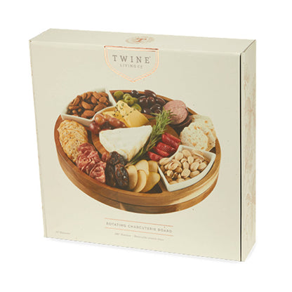 13 inch Rotating Acacia Charcuterie Board w 2 Ceramic Bowls