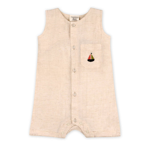 Viverano Organics - Parker Embroidered Sailboat Pocket Baby Romper (Linen Blend)