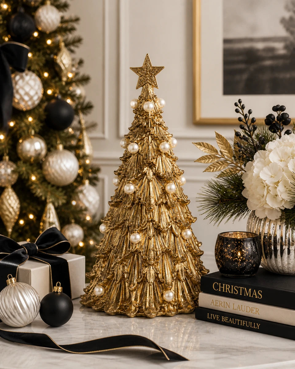 14" Acanthus Gold Tree with Pearls Christmas Decoration