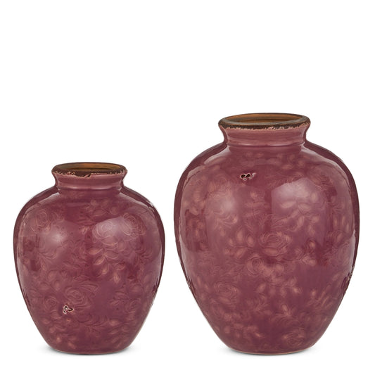 8" Dark Pink Debossed Floral Vase - set of 2