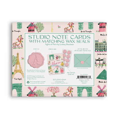 Tarjetas de notas de estudio de lugares de interés de París con sellos de lacre a juego