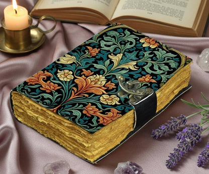 Floral Leather Journal with Lock, Vintage Botanical Diary