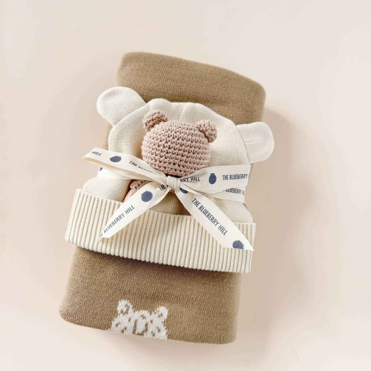 Set Honey Bear Blanket Hat and Teether Baby Gift Summer: Brown Bear
