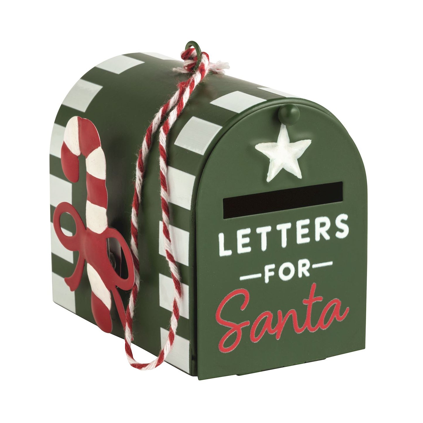 Green Tin Santa Mailbox Ornament, A green tin mailbox ornament with white block stripes, a red and white candy cane on the side, a white star and mail slot on the door, lettered LETTERS FOR Santa, hung from red and white twine.
