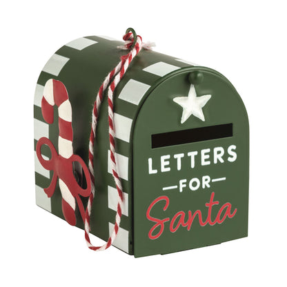 Green Tin Santa Mailbox Ornament, A green tin mailbox ornament with white block stripes, a red and white candy cane on the side, a white star and mail slot on the door, lettered LETTERS FOR Santa, hung from red and white twine.