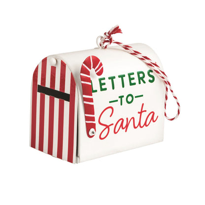 Letters To Santa White Mailbox Ornament, A white tin mailbox ornament with red and white stripes on the side, a red candy cane and green and red lettering reading LETTERS TO Santa, hung from red and white twine.
