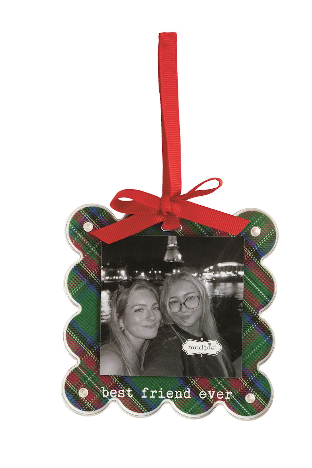 Best Friend Ever Tartan Photo Ornament, A scalloped square acrylic ornament in green and red tartan holding a black and white photo of two friends, with best friend ever printed below and a red ribbon bow on top.