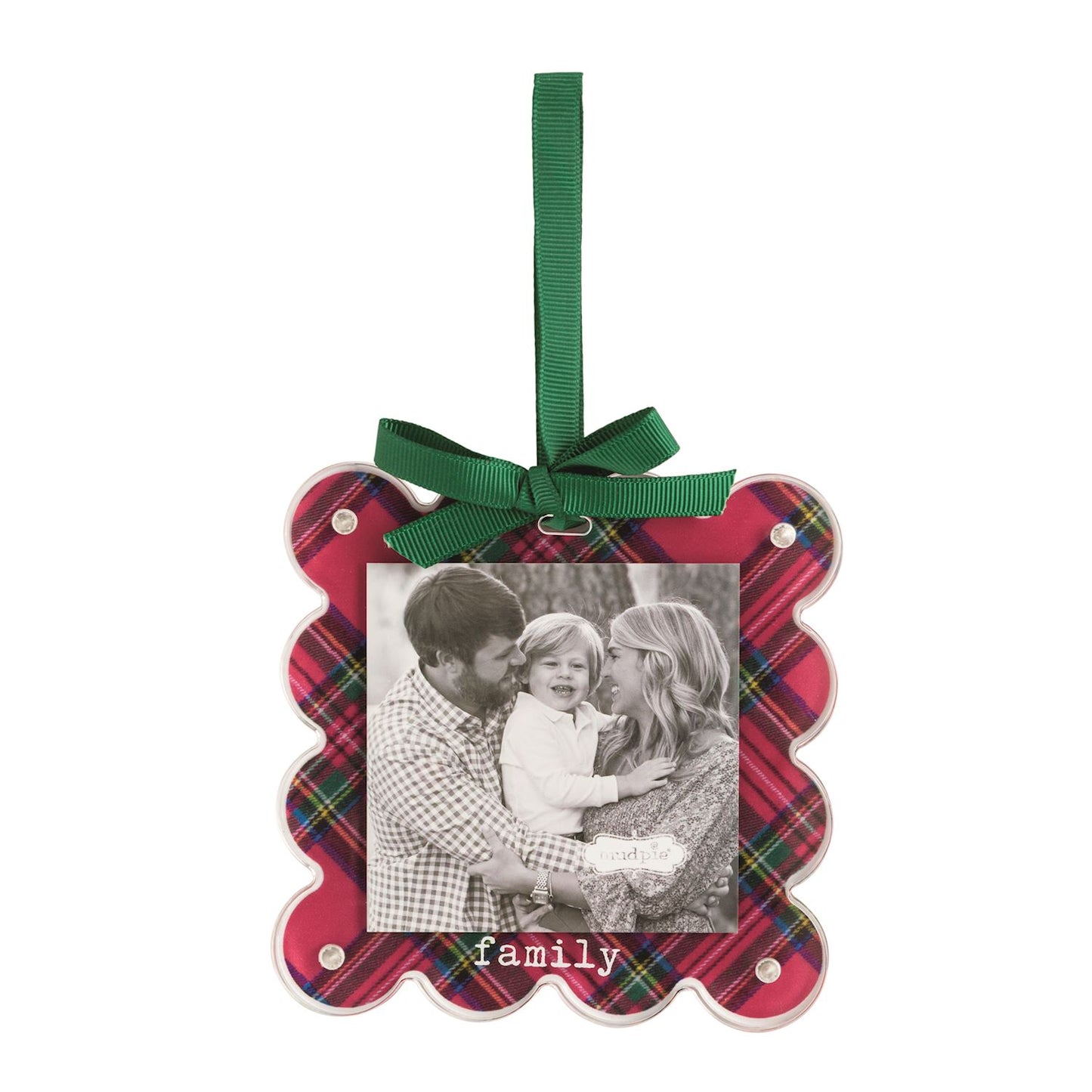 Family Tartan Photo Ornament, A scalloped square acrylic photo ornament backed in red tartan with the word family in white below the photo opening, hanging from a green grosgrain ribbon bow.