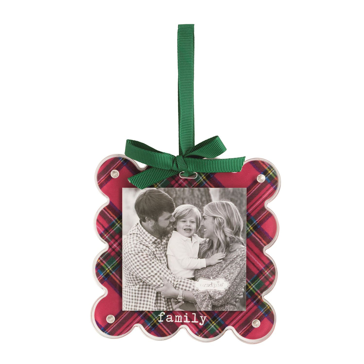 Family Tartan Photo Ornament, A scalloped square acrylic photo ornament backed in red tartan with the word family in white below the photo opening, hanging from a green grosgrain ribbon bow.