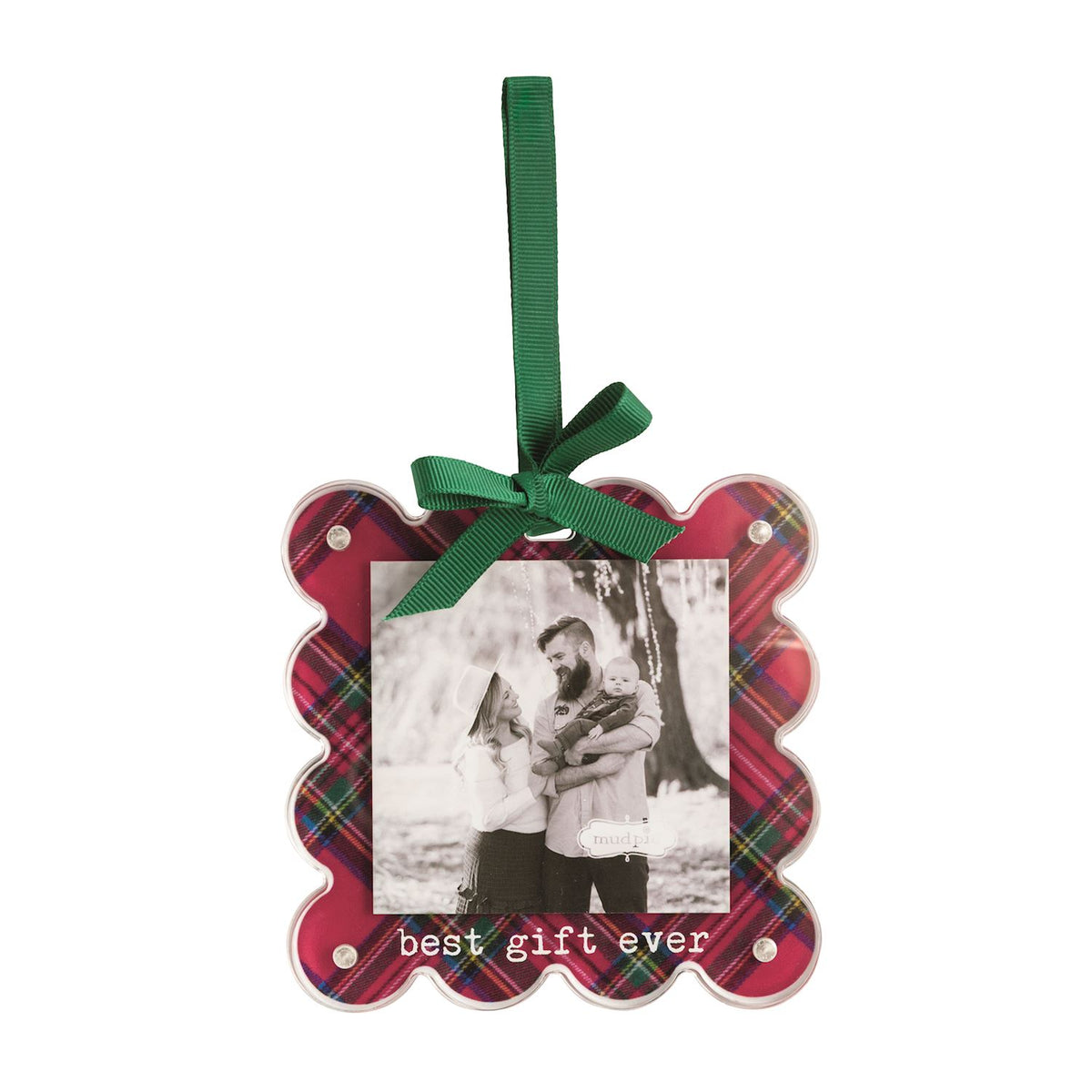 Best Gift Ever Tartan Photo Ornament, A scalloped square acrylic ornament in red tartan holding a black and white family photo, with best gift ever printed below and a green ribbon bow on top.