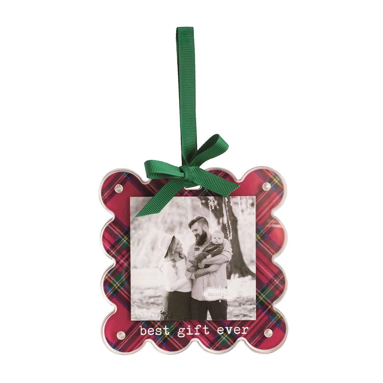 Best Gift Ever Tartan Photo Ornament, A scalloped square acrylic ornament in red tartan holding a black and white family photo, with best gift ever printed below and a green ribbon bow on top.