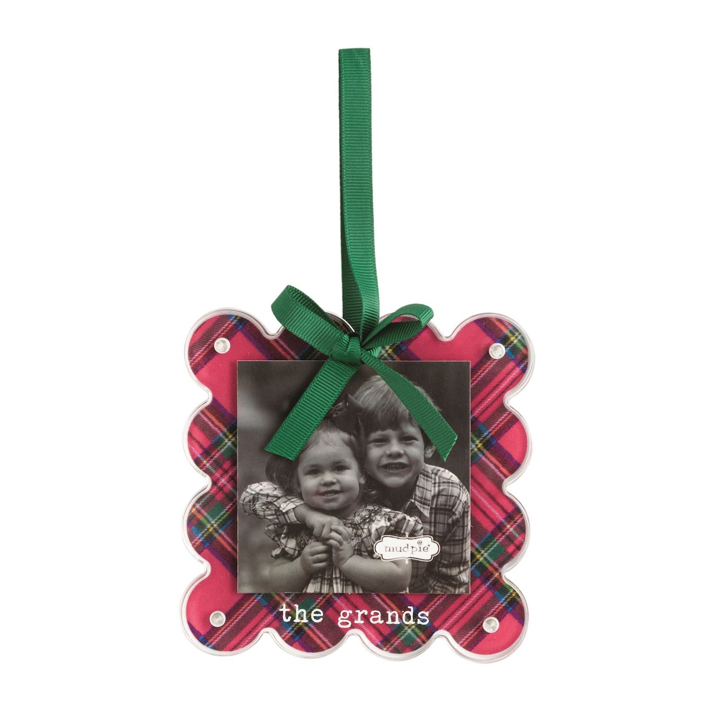The Grands Tartan Photo Ornament, A scalloped square acrylic ornament printed in red tartan, holding a black and white photo of two children behind a magnetic front, lettered the grands, with a green ribbon bow and loop.
